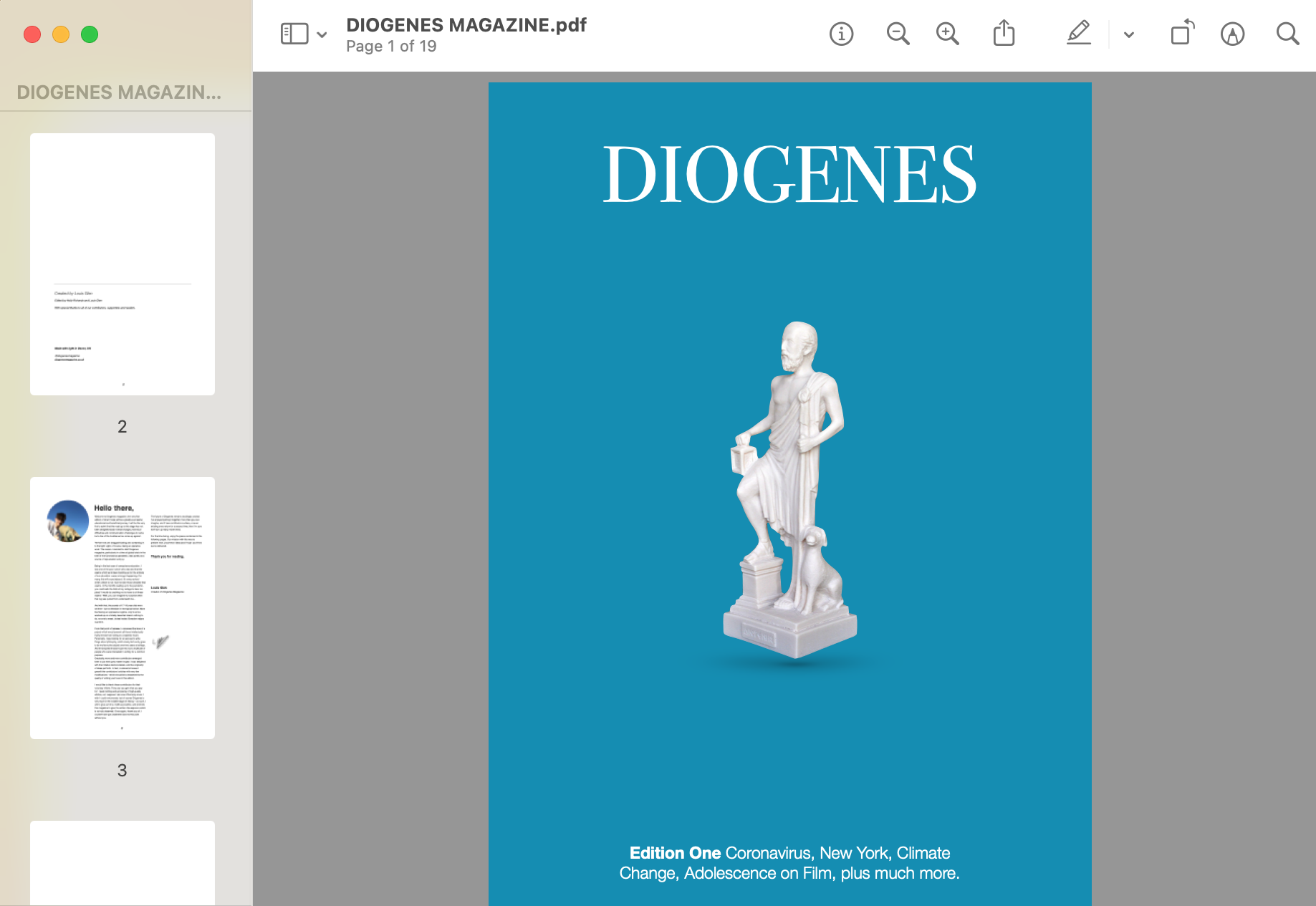 Window showing diogenes magazine